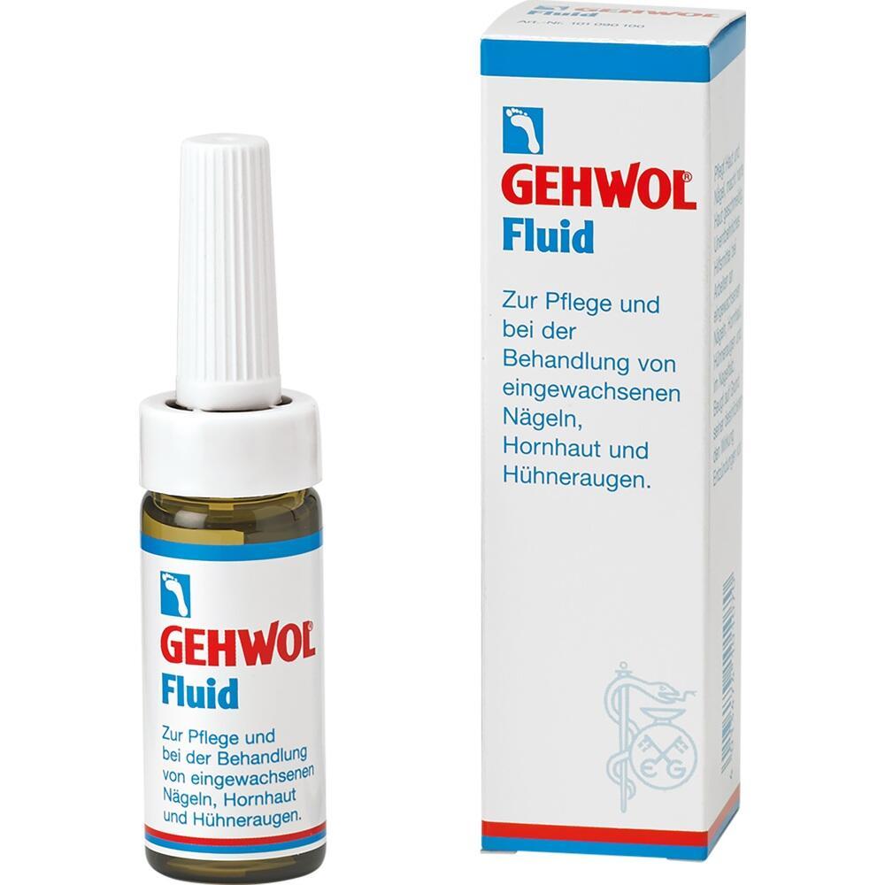 Flasche und Verpackung von Gehwol Fluid zur Fußpflege.