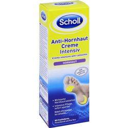 Gelbe Schachtel mit Scholl Anti-Hornhaut Creme für Fußpflege.